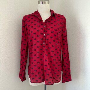 J. Crew Shirt Long Sleeve Pullover Cotton Silk Black Bow Graphic Red Sz 4